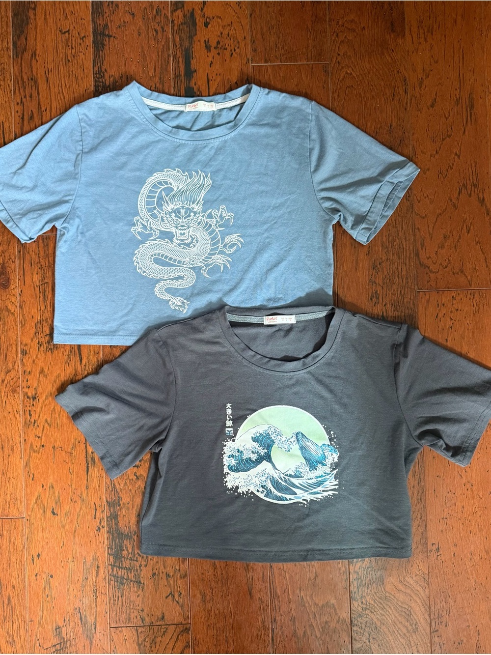 ROMWE 2 Cropped Graphic Tees - Light Blue & Charcoal
